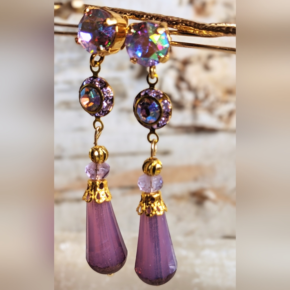 Purple Metallic AB Flower Crystal And Purple Opaline Dangle Earrings